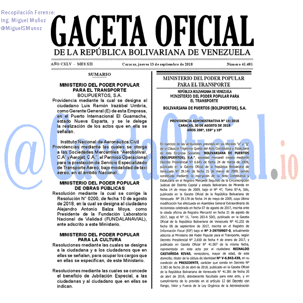 Gaceta Oficial 41481 del 13 septiembre 2018
