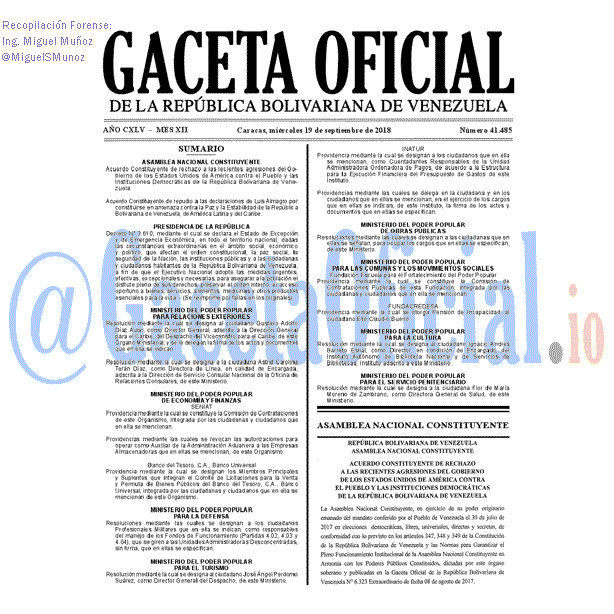 Gaceta Oficial 41485 del 19 Septiembre 2018 Gaceta Oficial 41485 del 19 Septiembre 2018