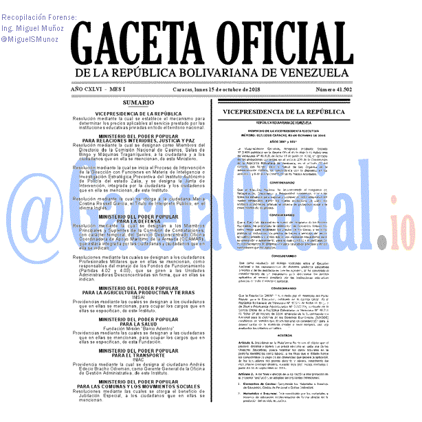 Gaceta Oficial 41502 del 15 Octubre 2018 Gaceta Oficial 41502 del 15 Octubre 2018