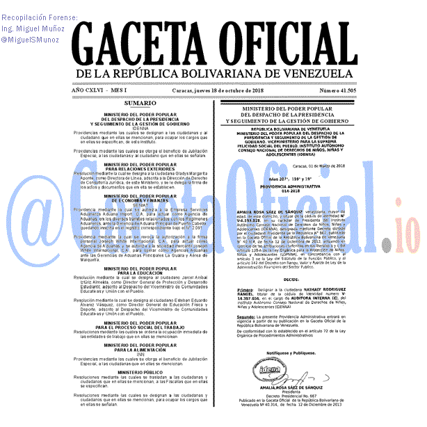 Gaceta Oficial 41505 del 18 Octubre 2018