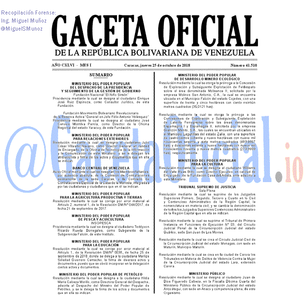 Gaceta Oficial 41510 del 25 Octubre 2018 Gaceta Oficial 41510 del 25 Octubre 2018