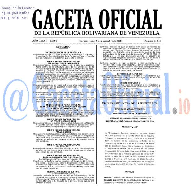 Gaceta Oficial 41517 del 5 Noviembre 2018 Gaceta Oficial 41517 del 5 Noviembre 2018
