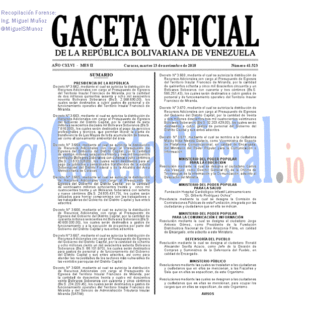 Gaceta Oficial 41523 del 13 Noviembre 2018 Gaceta Oficial 41523 del 13 Noviembre 2018