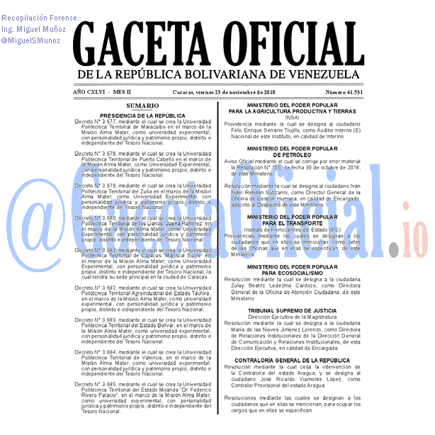 Gaceta Oficial 41531 del 23 Noviembre 2018 Gaceta Oficial 41531 del 23 Noviembre 2018