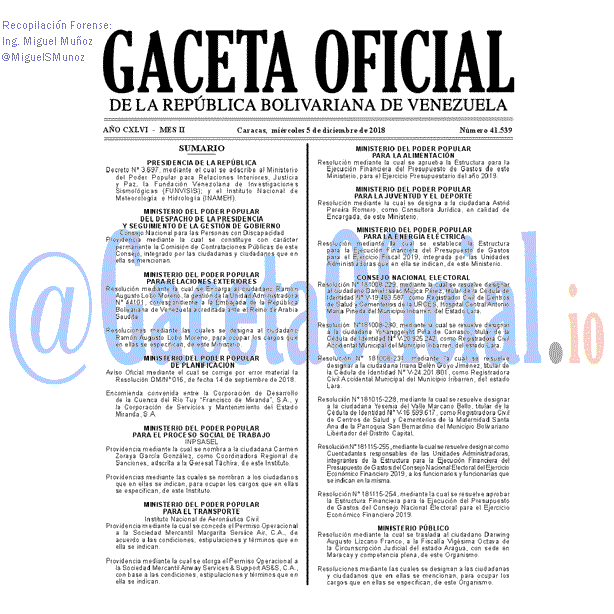 Gaceta Oficial 41539 del 5 Diciembre 2018 Gaceta Oficial 41539 del 5 Diciembre 2018