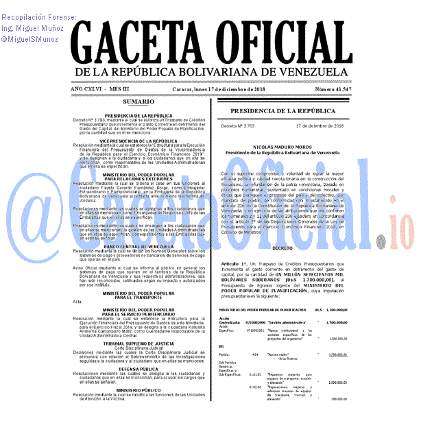 Gaceta Oficial 41547 del 17 Diciembre 2018 Gaceta Oficial 41547 del 17 Diciembre 2018