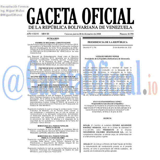 Gaceta Oficial 41550 del 20 Diciembre 2018