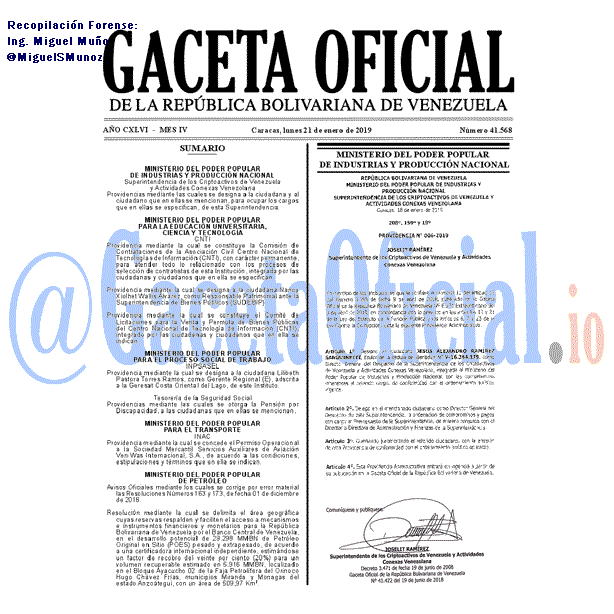Gaceta Oficial 41568 del 21 Enero 2019
