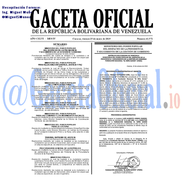 Gaceta Oficial 41572 del 25 Enero 2019