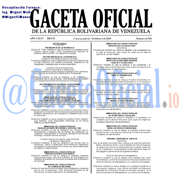 Gaceta Oficial 41581 del 7 Febrero 2019 Gaceta Oficial 41581 del 7 Febrero 2019