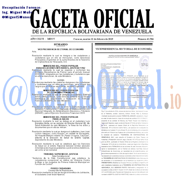 Gaceta Oficial 41584 del 12 Febrero 2019 Gaceta Oficial 41584 del 12 Febrero 2019