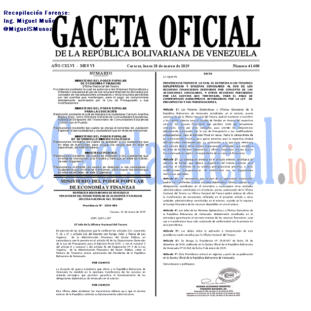 Gaceta Oficial 41600 del 18 Marzo 2019