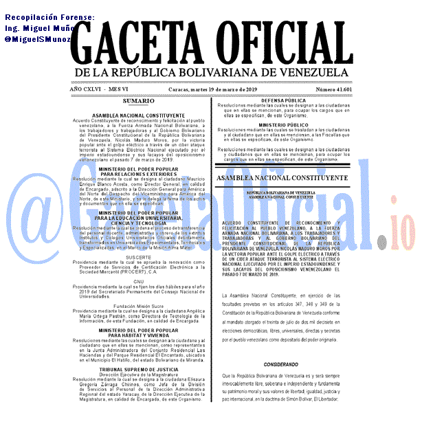 Gaceta Oficial 41601 del 19 Marzo 2019 Gaceta Oficial 41601 del 19 Marzo 2019