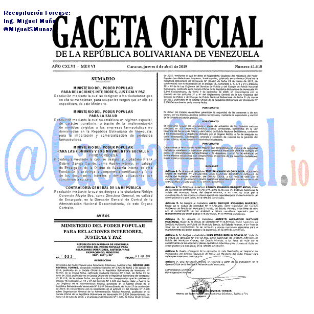 Gaceta Oficial 41610 del 4 Abril 2019 Gaceta Oficial 41610 del 4 Abril 2019