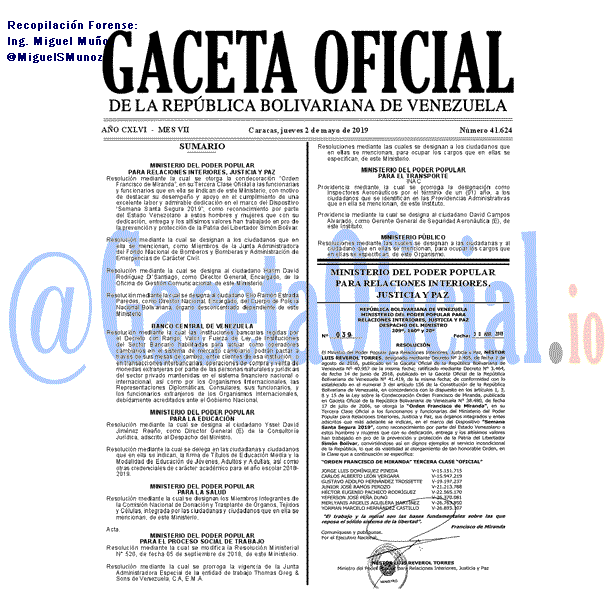Gaceta Oficial 41624 del 2 Mayo 2019 Gaceta Oficial 41624 del 2 Mayo 2019