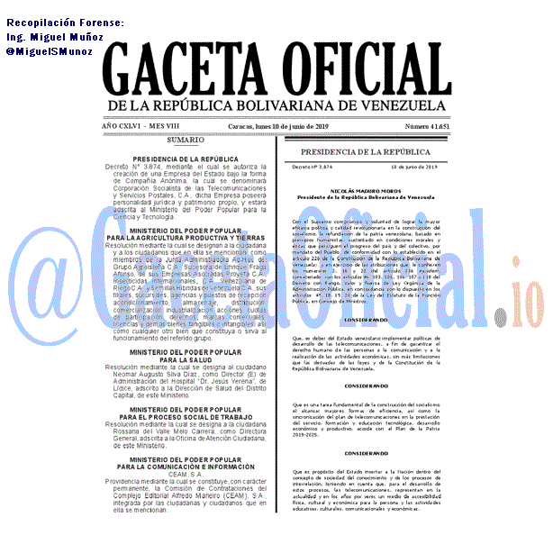 Gaceta Oficial 41651 del 10 Junio 2019 Gaceta Oficial 41651 del 10 Junio 2019