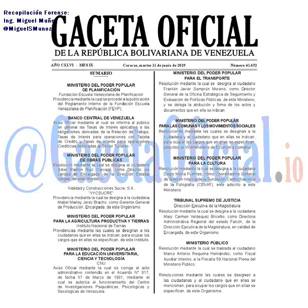 Gaceta Oficial 41652 del 11 Junio 2019 Gaceta Oficial 41652 del 11 Junio 2019