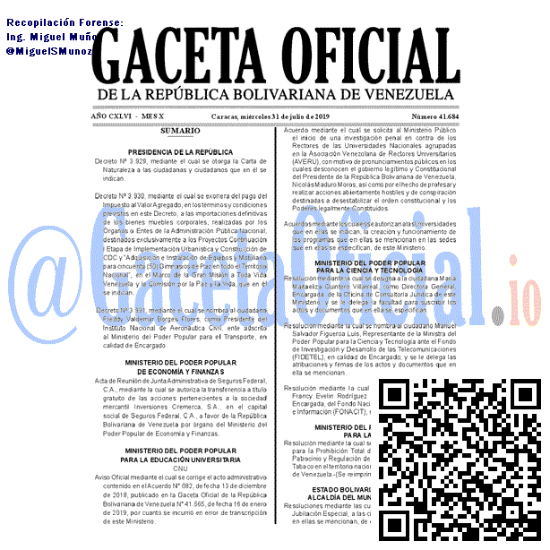 Gaceta Oficial 41684 del 31 Julio 2019