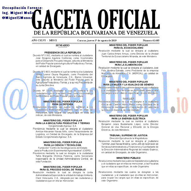 Gaceta Oficial 41685 del 1 agosto 2019