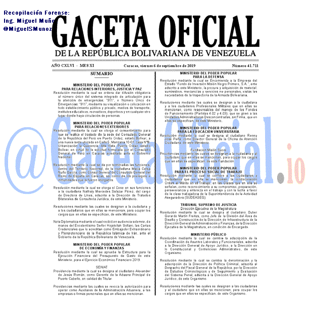 Gaceta Oficial 41711 del 6 septiembre 2019 Gaceta Oficial 41711 del 6 septiembre 2019