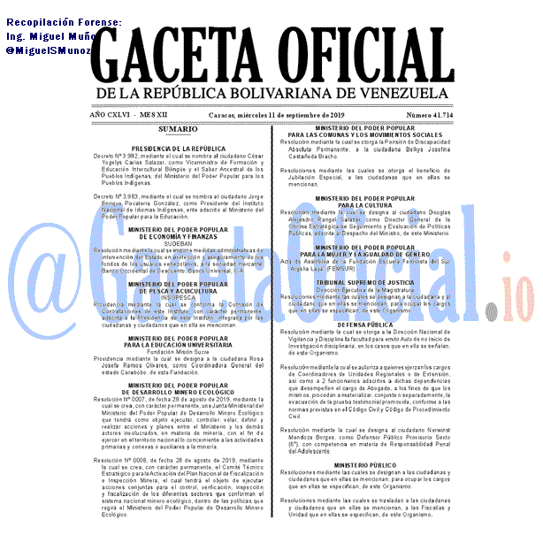 Gaceta Oficial 41714 del 11 septiembre 2019 Gaceta Oficial 41714 del 11 septiembre 2019