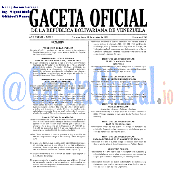 Gaceta Oficial 41742 del 21 Octubre 2019 Gaceta Oficial 41742 del 21 octubre 2019