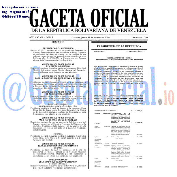 Gaceta Oficial 41750 del 31 Octubre 2019 Gaceta Oficial 41750 del 31 octubre 2019