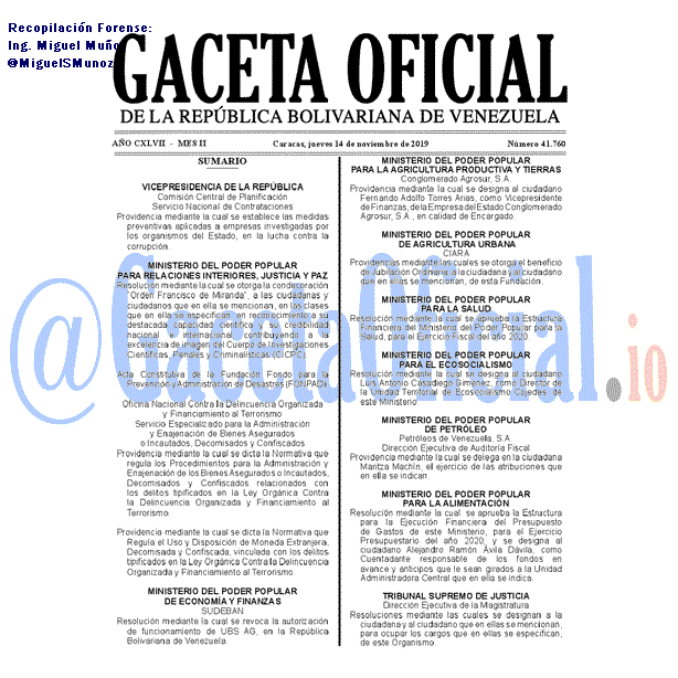 Gaceta Oficial 41760 del 14 noviembre 2019