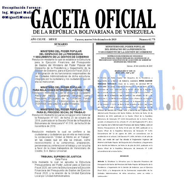 Gaceta Oficial 41773 del 3 Diciembre 2019 Gaceta Oficial 41773 del 3 Diciembre 2019