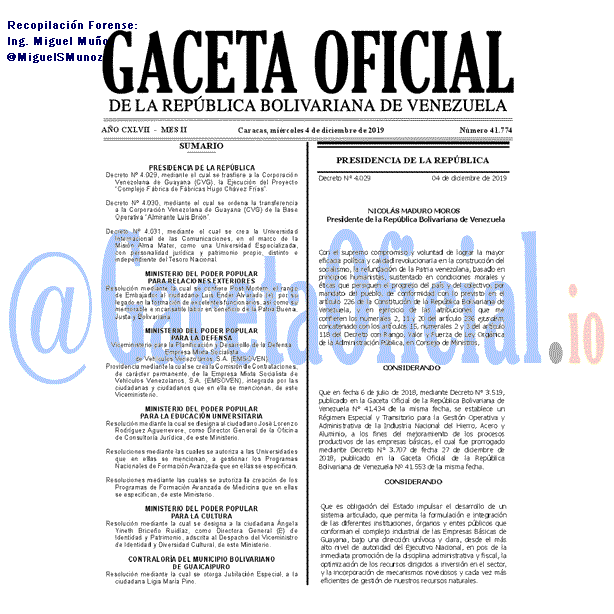 Gaceta Oficial 41774 del 4 Diciembre 2019 Gaceta Oficial 41774 del 4 Diciembre 2019