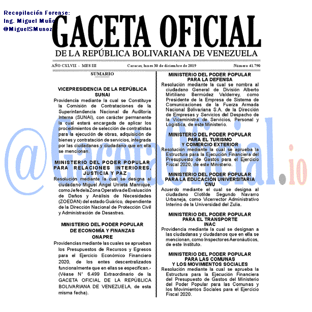 Gaceta Oficial 41790 del 30 Diciembre 2019 Gaceta Oficial 41790 del 30 Diciembre 2019