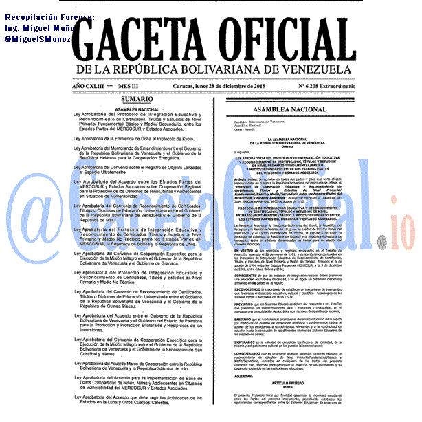 Gaceta Oficial 6207 del 28 diciembre 2015 Gaceta Oficial 6208 del 28 diciembre 2015