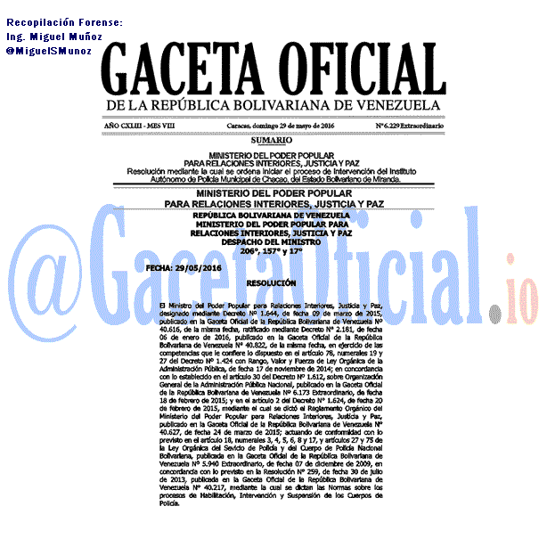 Gaceta Oficial 6229 del 29 mayo 2016