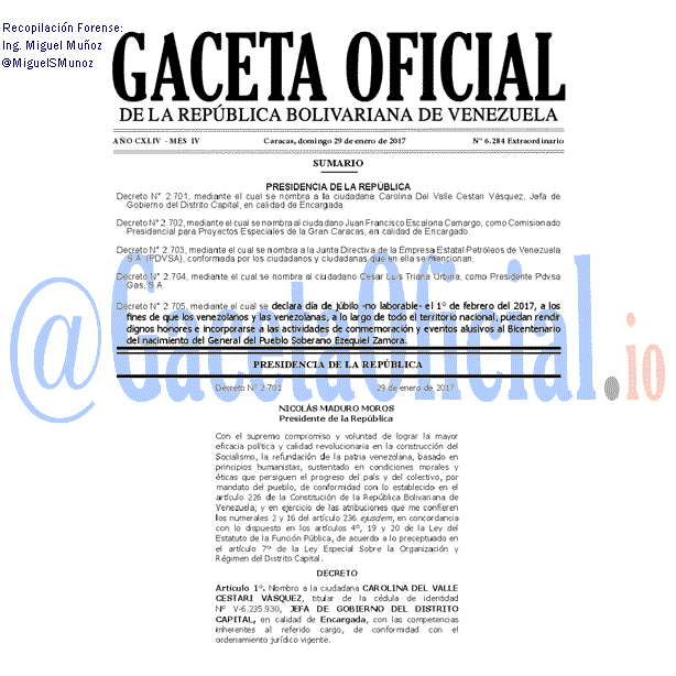 Gaceta Oficial 6184 del 29 enero 2017 Gaceta Oficial 6284 del 29 enero 2017