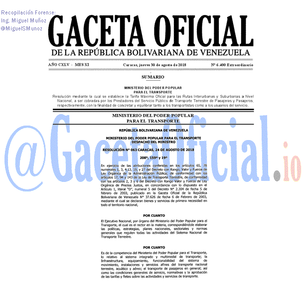 Gaceta Oficial 6400 del 30 Agosto 2018 Gaceta Oficial 6400 del 30 Agosto 2018