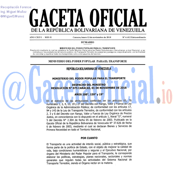 Gaceta Oficial 6412 del 15 Noviembre 2018 Gaceta Oficial 6412 del 12 Noviembre 2018