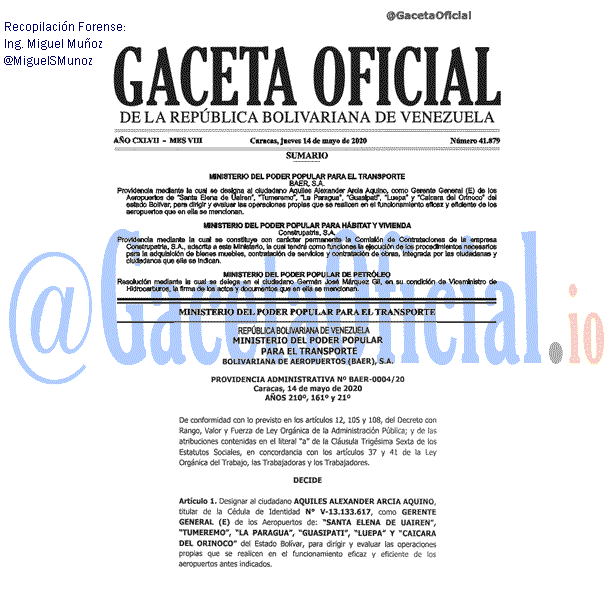 Gaceta Oficial 41879 del 14 mayo 2020 Gaceta Oficial 41879 del 14 mayo 2020