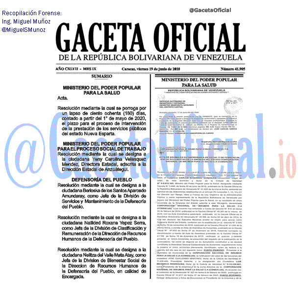 Gaceta Oficial 41905 del 19 junio 2020 Gaceta Oficial 41905 del 19 junio 2020
