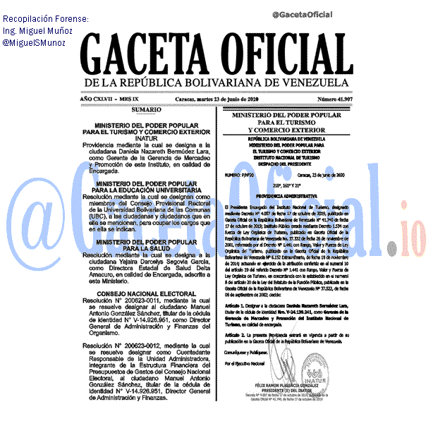 Gaceta Oficial 41907 del 23 junio 2020 Gaceta Oficial 41907 del 23 junio 2020