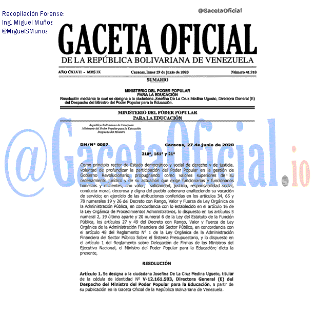Gaceta Oficial 41910 del 29 junio 2020 Gaceta Oficial 41910 del 29 junio 2020