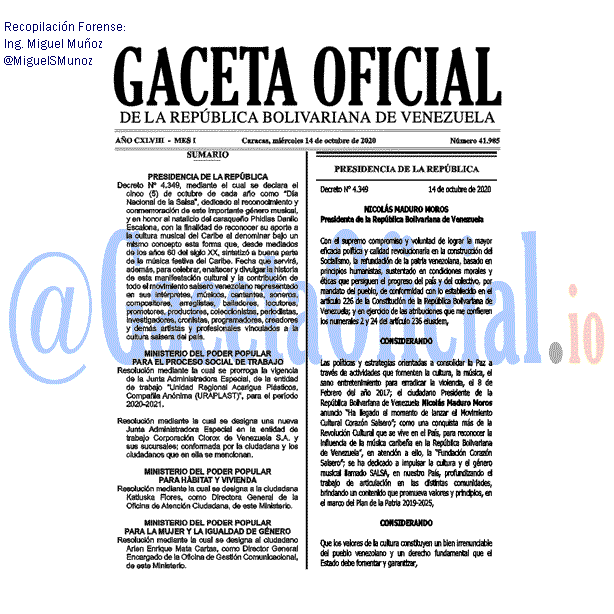 Venezuela Gaceta Oficial 41985 del 14 octubre 2020 Venezuela Gaceta Oficial 41985 del 14 octubre 2020