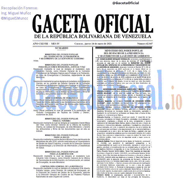 Gaceta Oficial 42047 del 14 Enero 2021 Gaceta Oficial 42047 del 14 Enero 2021