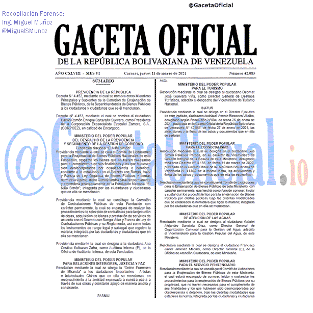 Gaceta Oficial 42085 del 11 marzo 2021 Gaceta Oficial 42085 del 11 marzo 2021