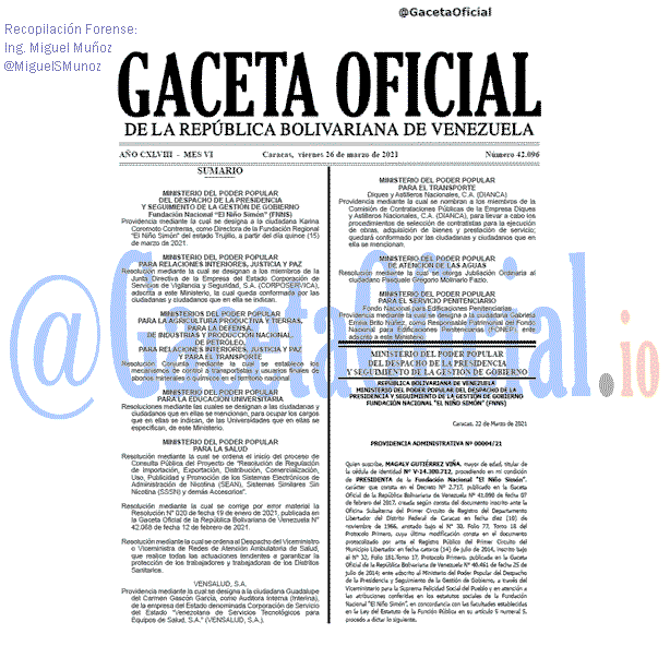 Gaceta Oficial 42096 del 26 marzo 2021 Gaceta Oficial 42096 del 26 marzo 2021
