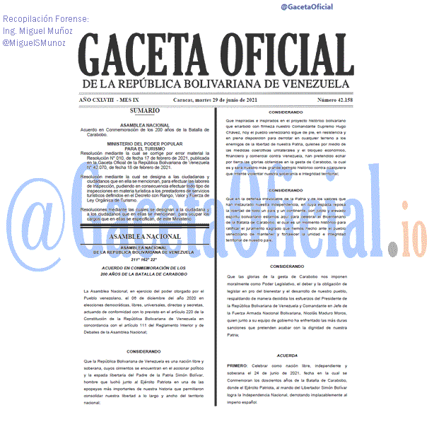 Gaceta Oficial 42158 del 29 junio 2021
