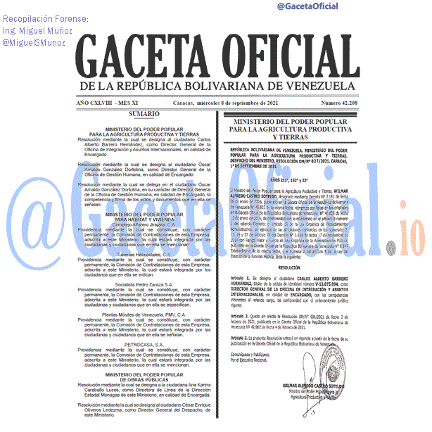 Gaceta Oficial 42208 del 8 septiembre 2021