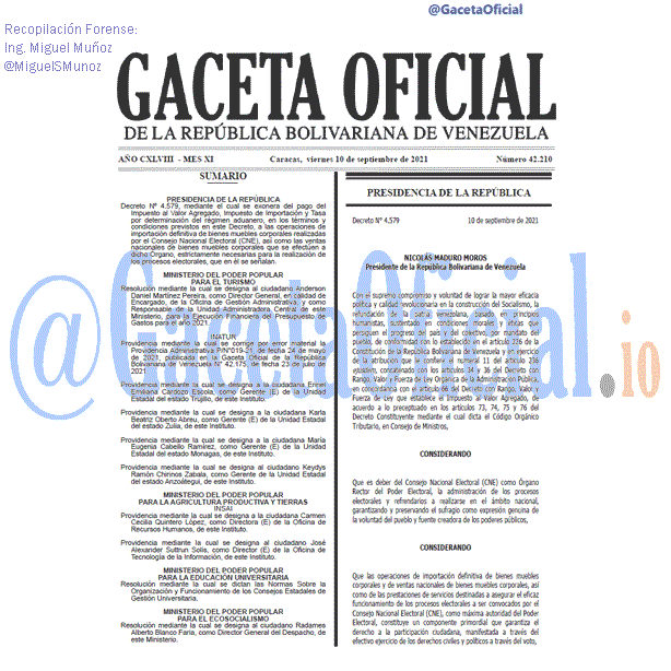 Gaceta Oficial 42210 del 10 septiembre 2021 Gaceta Oficial 42210 del 10 septiembre 2021