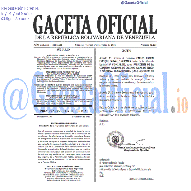 Gaceta Oficial 42225 del 1 octubre 2021 Gaceta Oficial 42225 del 1 octubre 2021
