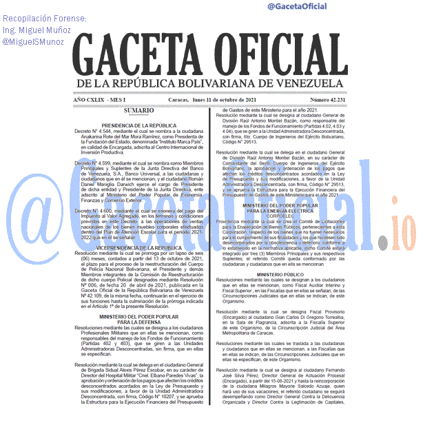 Gaceta Oficial 42231 del 11 octubre 2021