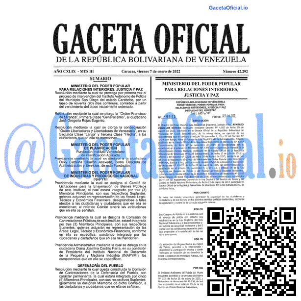 Gaceta Oficial 42292 del 7 enero 2022